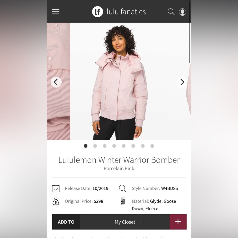 Lululemon Winter Warrior Coat•Bomber Goose Down Glyde•Porcelain Pink•FLAWLESS•4 - Picture 3 of 16